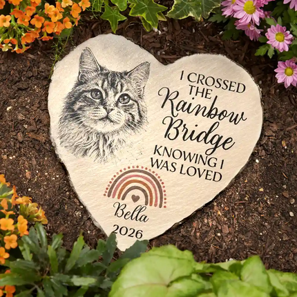 Custom Photo Pencil Sketch I Crossed The Rainbow Bridge Knowing I Was Loved - Personalized Heart Memorial Garden Stone