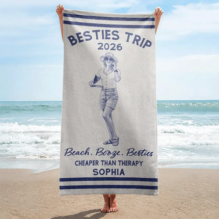 Custom Photo Ink Drawing Girls Trip Family Trip Beach Vacation - Personalized Beach Towel