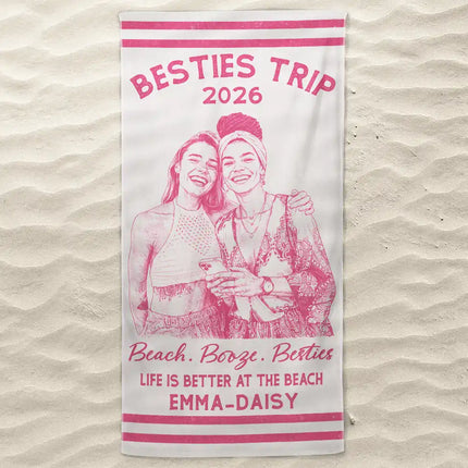 Custom Photo Ink Drawing Girls Trip Family Trip Beach Vacation - Personalized Beach Towel