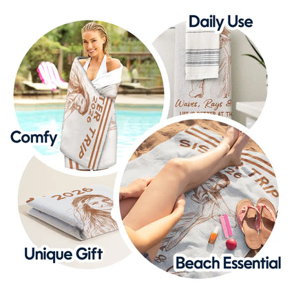Custom Photo Ink Drawing Girls Trip Family Trip Beach Vacation - Personalized Beach Towel