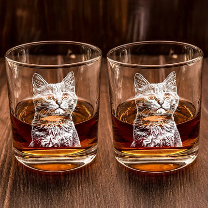 Custom Photo Pencil Drawing Dog Cat Portrait - Personalized Engraved Whiskey Glass