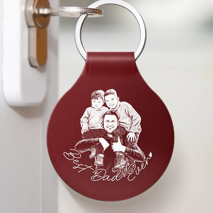 Custom Photo Pencil Sketch Best Dad Ever - Personalized Custom Shaped Leather Keychain