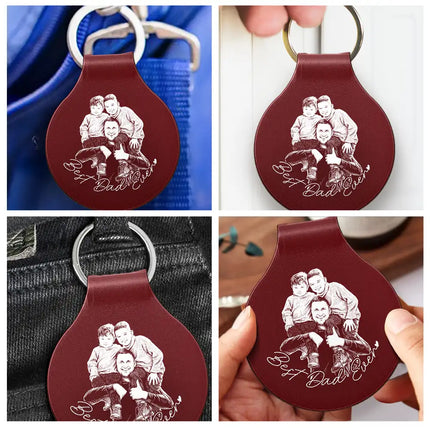 Custom Photo Pencil Sketch Best Dad Ever - Personalized Custom Shaped Leather Keychain