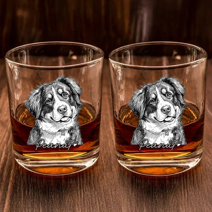 Custom Photo Pencil Sketch Art Family Dog Cat Portrait - Personalized Whiskey Glass