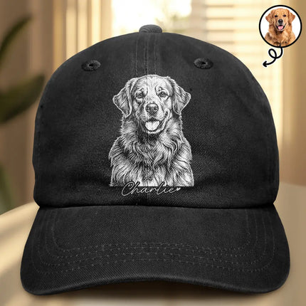 Custom Photo White Pencil Sketch Art Family Dog Cat Portrait - Personalized Vintage Washed Denim Cap