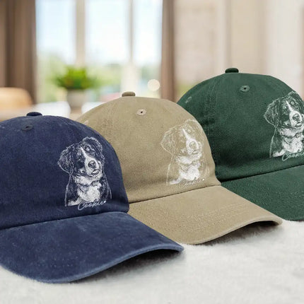 Custom Photo White Pencil Sketch Art Family Dog Cat Portrait - Personalized Vintage Washed Denim Cap