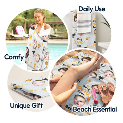 Custom Photo Best Papa Ever Trophy Dad - Personalized Beach Towel